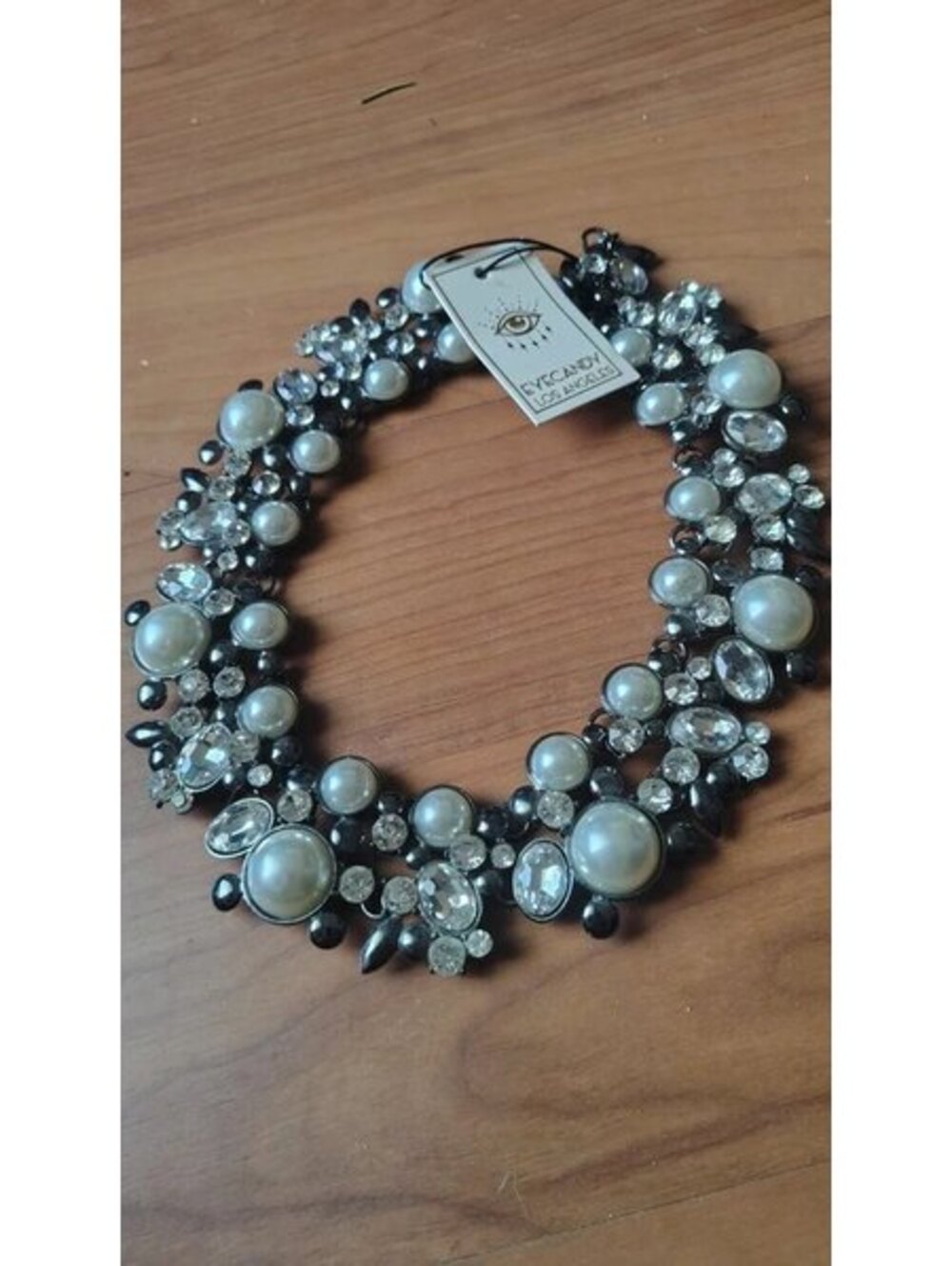Eye Candy Clementine Pearl Crystal Statement Necklace Black Silver Bib Collar